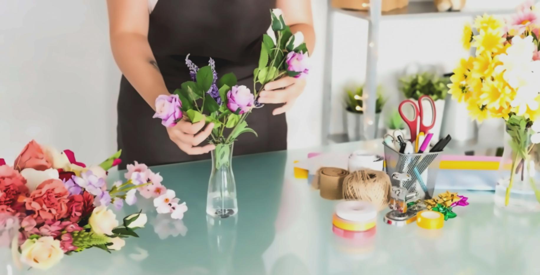 Floral art composition study — detailed arrangement on a work surface